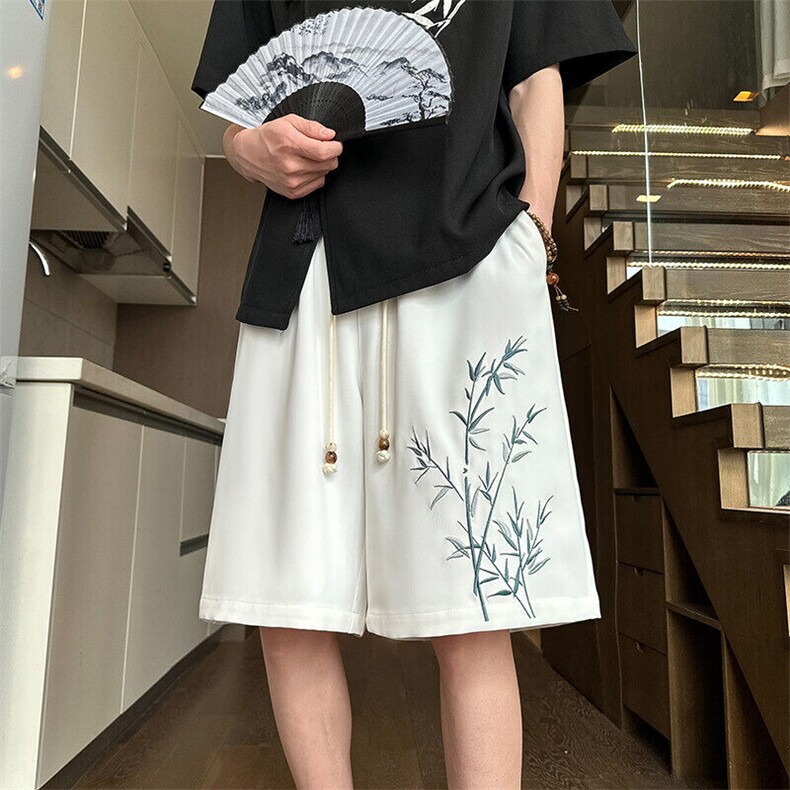 wassuphappy新中式短裤男士夏季薄款国潮竹子刺绣休闲运动五分裤,男装休闲裤,电商A022