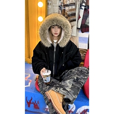 现货重磅boxy短款棉衣座山雕大毛毛领男女棉服水洗工装厚外套，男装棉衣，电商A486