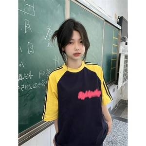 夏季美式高街重磅纯棉三条杠织带插肩撞色男女短袖T恤 CZ33-特P25图片