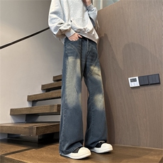 水洗做旧牛仔裤男美式高街痞帅直筒裤子宽松显瘦cleanfit微喇裤潮，男装牛仔裤，星座410-6（原星座1304-1）