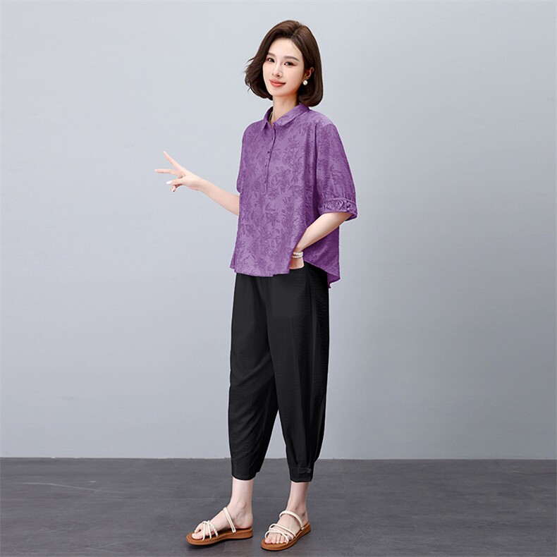 冰丝短袖衬衫女士套装2024夏季新款妈妈时尚休闲宽松七分裤两件套,女装套装/套裙,3200格调