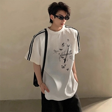 抖音得物高品质二开240克宽松纯棉美式潮牌三条杠织带短袖T恤，男装T恤，电商A486-1