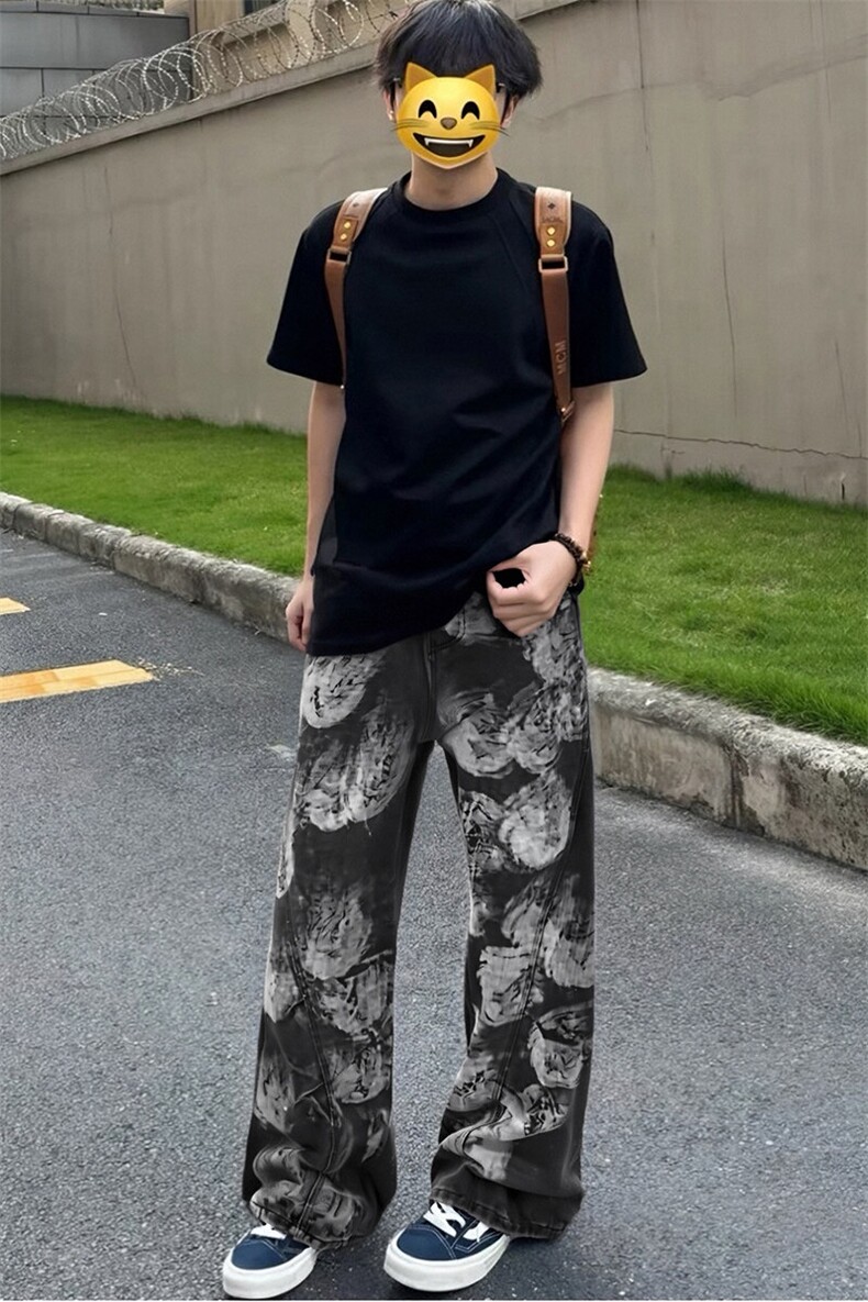 网图2025夏季得物二开泼墨弯刀牛仔裤男水洗裤子-A2021TP48控78,男装牛仔裤,电商B241