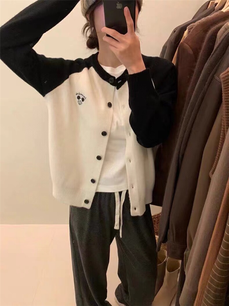 2025年秋季圆领长袖单件套头米奇刺绣撞色插肩开衫，女装针织衫/毛衣，伊绒腾羊绒