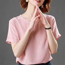 夏季新款时尚简约纯色圆领短袖女上衣宽松显瘦百搭休闲T恤衫，女装T恤，澳冬特羊绒