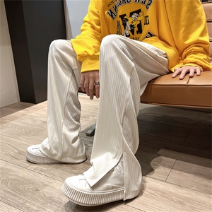 K60-P45 早秋脚口开叉直筒宽松条纹休闲裤男女大码拖地长裤 控68图片