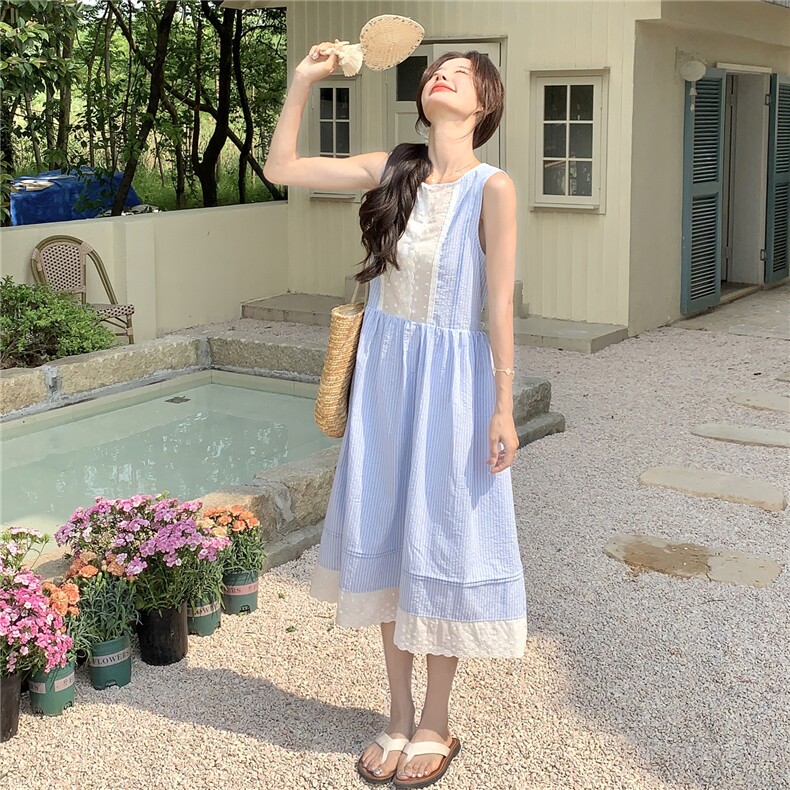 上新韩系蕾丝花边拼背心条纹无袖连衣裙2C050-1272-P135-K188,女装连衣裙,2C050