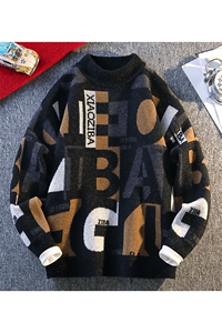 1018-1-M654-P45新款男士加厚潮流针织衫青少年内搭个性图案毛衣图片