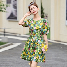 国风印花泡泡袖连衣裙女2025夏季纯棉小个子气质收腰显瘦A字短裙，女装连衣裙，沁沁公主
