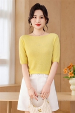 100%杨子纱超细羊毛肌理感树皮花一字领短袖，女装针织衫/毛衣，优麦羊绒（原洪叶羊绒）