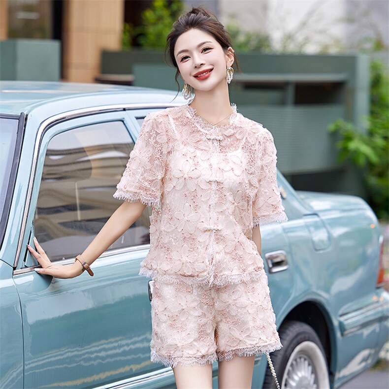 新中式蕾丝套装女2024夏季新款小香风时尚显瘦提花短裤两件套御姐,女装套装/套裙,妙形