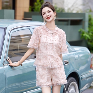 新中式蕾丝套装女2024夏季新款小香风时尚显瘦提花短裤两件套御姐图片
