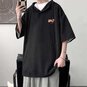 LD54438-P45NASA 连帽短袖t恤男大码胖子带帽五分袖中袖图片