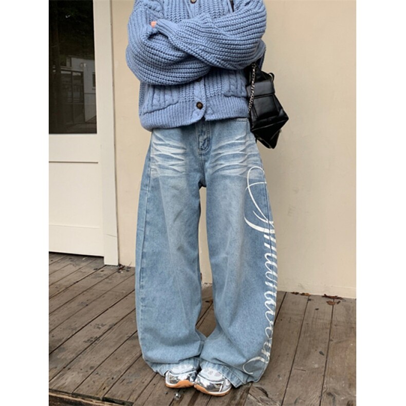 街头字母印花牛仔裤潮牌秋冬新款复古洗水阔腿弯刀裤子NH1,男装牛仔裤,星座1116A（原606A-3）