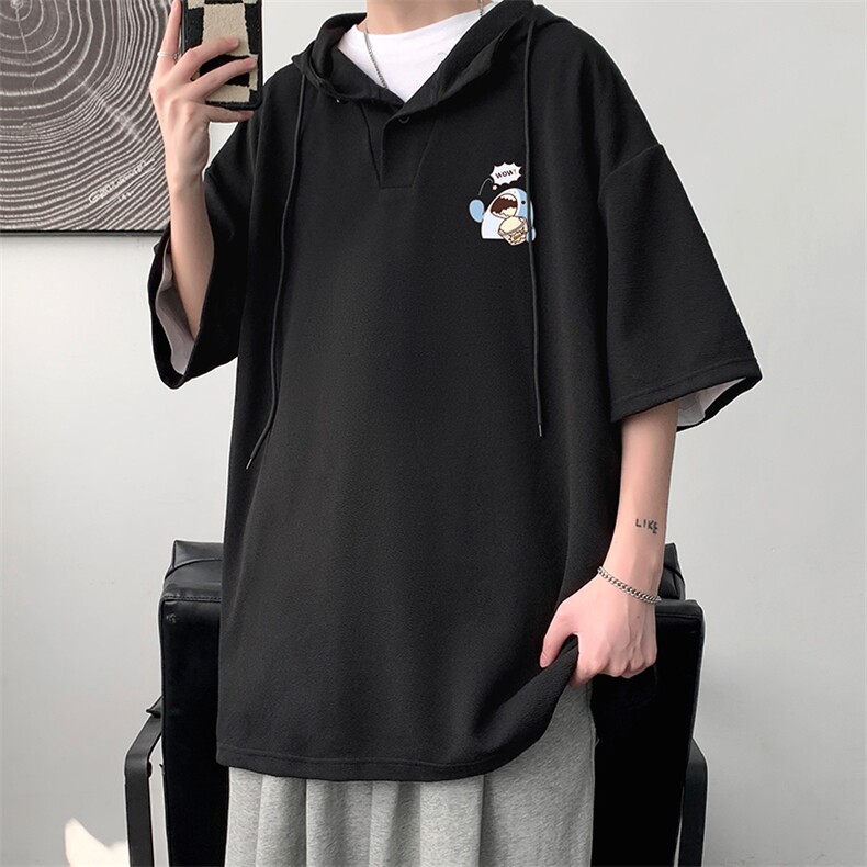 LD54239-P45连帽短袖t恤男大码胖子带帽五分袖中袖大皂风,男装T恤,电商A040
