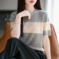 竹节麻短袖T恤女夏季法式小香风轻奢设计感小众宽松大码针织上衣，女装T恤，菲奥羊绒