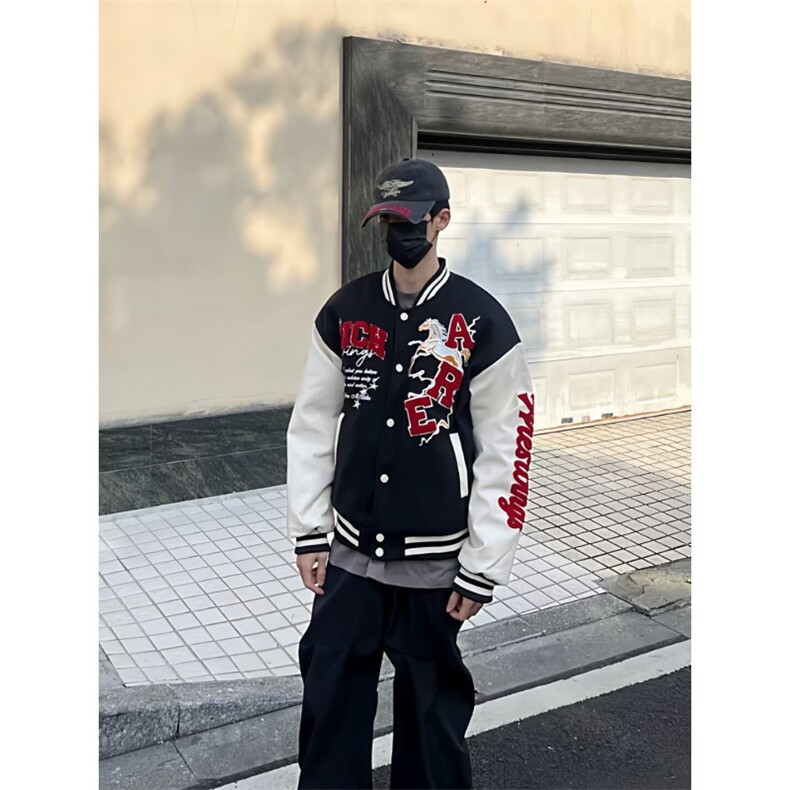 美式嘻哈字母植绒刺绣棒球服男女春季休闲保暖马年外套,男装棉衣,四季星座505