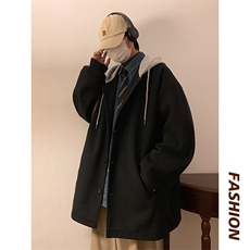 N6108/P95冬季港风连帽假两件中长款毛呢大衣男大码风衣呢料上衣，男装毛呢大衣，电商A141