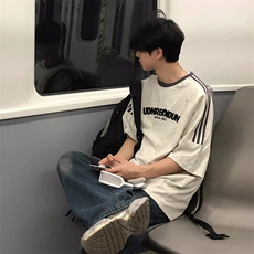 夏季美式高街重磅纯棉三条杠织带撞色男女短袖T恤ZD361-特P30，男装T恤，电商A486