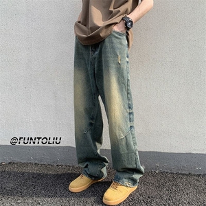 水洗做旧牛仔裤男夏季美式复古宽松阔腿直筒裤炸街裤子WYA07-P42