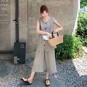 现货！系带圆领上衣+高腰7分阔腿裤套装6808-P135-K208图片