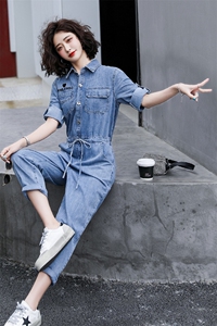 休闲牛仔连体裤女2024春夏新款高腰时尚显瘦百搭工装小个子连衣裤图片