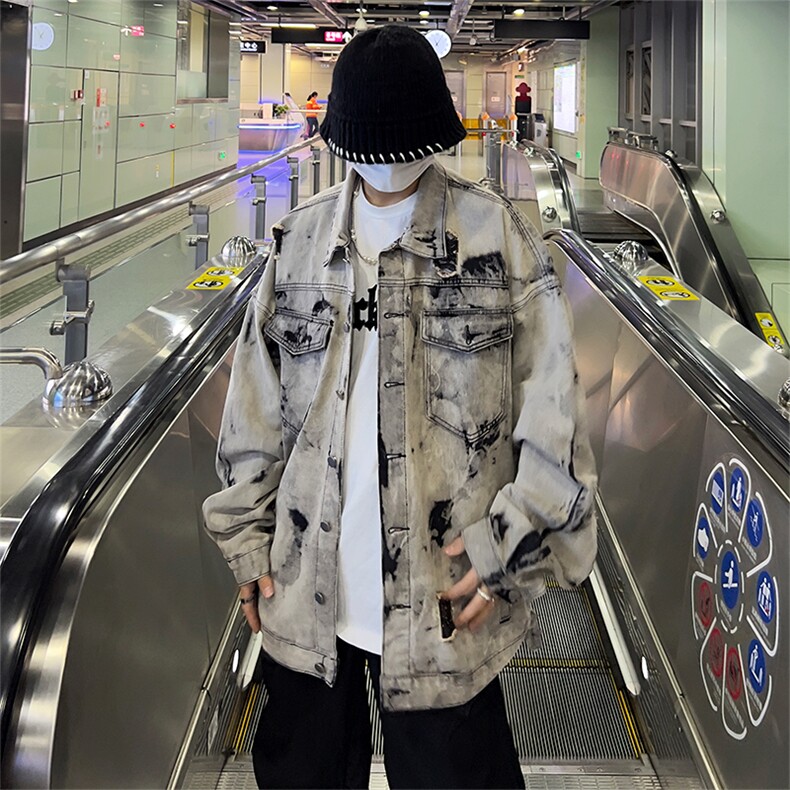 美式牛仔外套男春扎染破坏牛仔衣设计感高街夹克潮NT521P75,男装工装外套,星座301D-2(原星座1004-1）