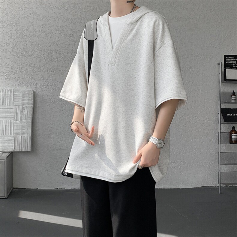 8XL-M假两件短袖卫衣连帽t恤男夏季薄款宽松大码学生半袖DT007P48,男装T恤,电商B312