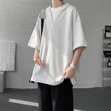 8XL-M假两件短袖卫衣连帽t恤男夏季薄款宽松大码学生半袖DT007P48，男装T恤，电商B312