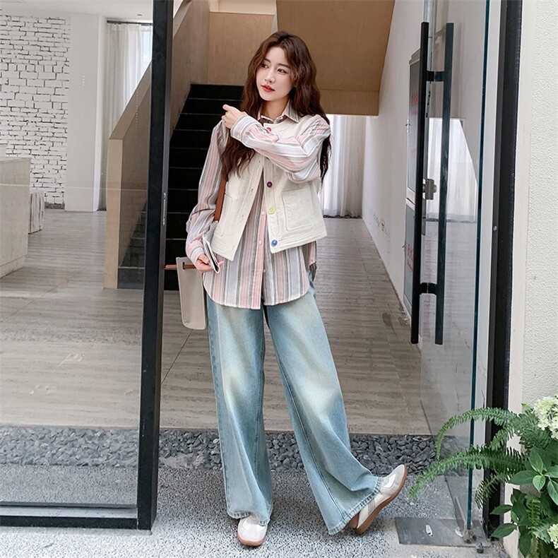 甜美条纹衬衫休闲马甲套装女2025春秋季新款设计感小众显瘦两件套,女装短外套,2C323