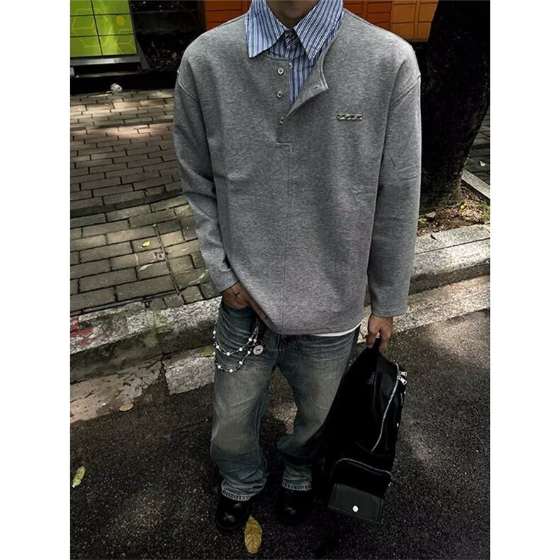 假两件纽扣短袖polo衫男秋季潮流宽松拼接条纹翻领t恤半袖上衣服,男装Polo衫,星座813-2