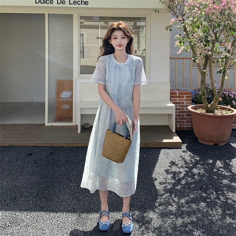 法式款显瘦遮肉女裙2025夏新淡蓝色扎染假两件连衣裙波点裙仙女裙,女装连衣裙,2C238