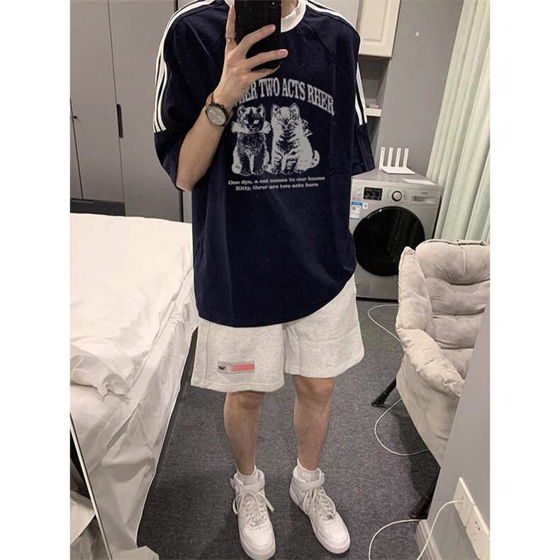 夏季美式高街重磅纯棉三条杠织带撞色男女短袖T恤ZD359-特P30,男装T恤,电商A486