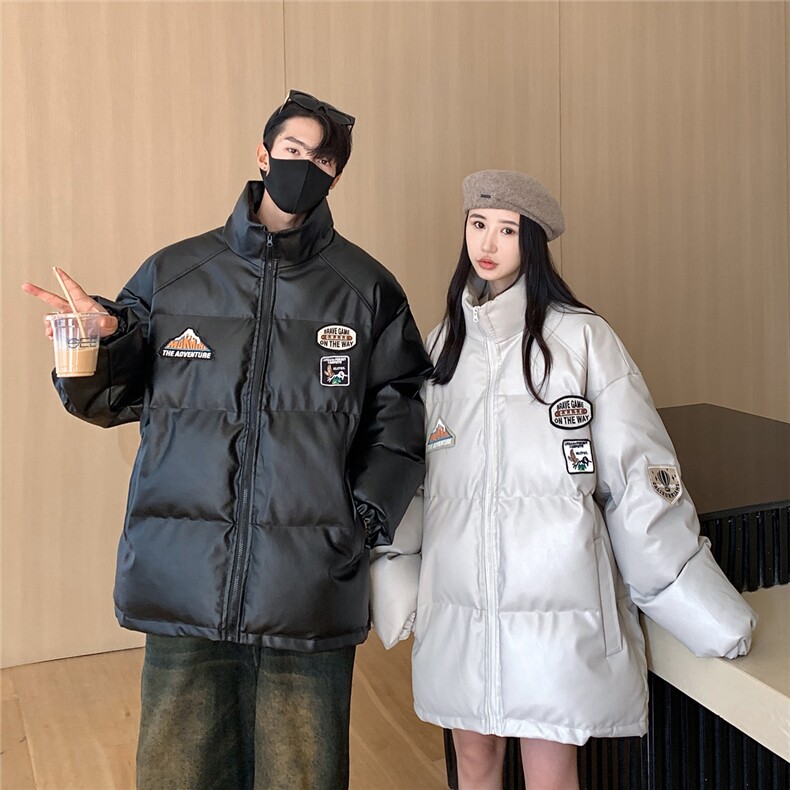23冬装新款美式复古徽章皮棉服pu情侣棉衣面包服外套男D333P118,男装棉衣,电商A335-1（原A458）