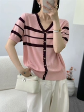 2025百搭时尚天丝单色花边粉色假开短袖，女装针织衫/毛衣，晨旭羊绒