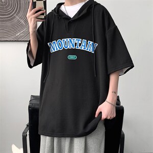 LD54231-P45 连帽短袖t恤男大码胖子带帽五分袖中袖 大皂风图片
