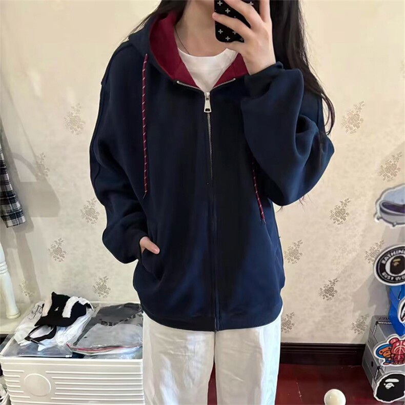 抖音得物二开美式高街重磅结构双层撞色连帽卫衣开衫外套W116,女装短外套,电商A486-1