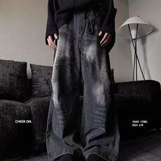 黑色美式高街水洗裂纹褶皱阔腿牛仔裤男女复古潮牌宽松直筒裤子，男装牛仔裤，星座506A