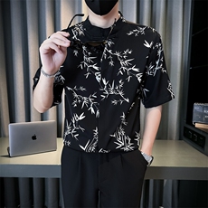 夏季新中式风立领竹叶短袖衬衫男冰丝衬衣A236-0830-特P35，男装T恤，电商A236