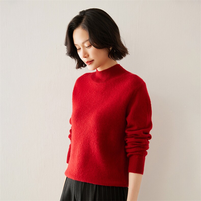 2024秋季新款女士半高领长袖短款套头衫通勤百搭35%羊绒衫，女装羊绒衫，澳煜绒