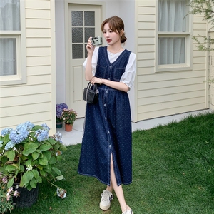 2025夏季韩系牛仔波点背心裙套装女洋气泡泡袖上衣淡人穿搭两件套图片