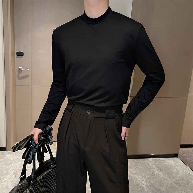 简约百搭高弹显瘦修身长袖打底衫纯色半高领T恤男潮 TX1203-P45图片