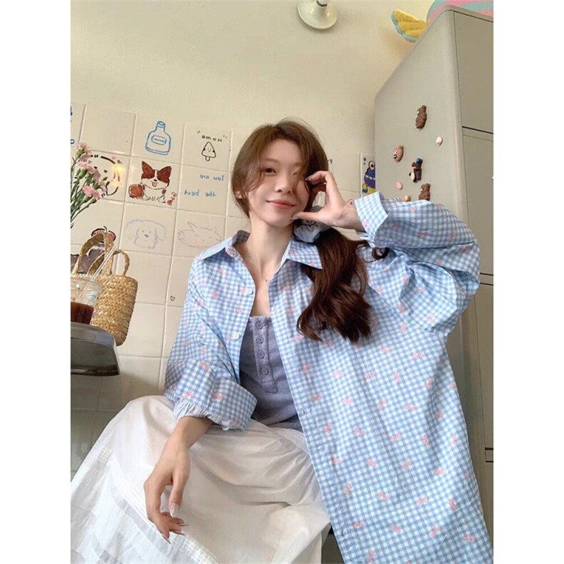 TC590-P45韩系格子蝴蝶结印花长袖衬衫女2026新款甜美防晒上衣,女装衬衫,星座617A-2
