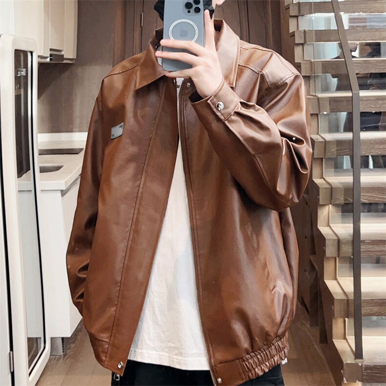 秋季贴标皮夹克男翻领皮衣青年外套潮流大码A266-PY006-P80控138图片