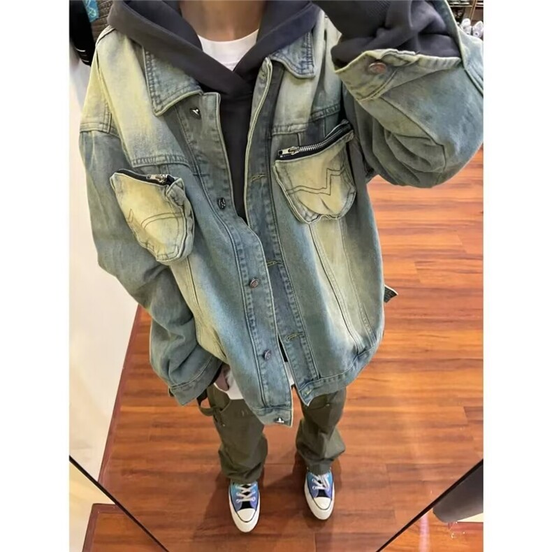 美式复古立体拉链口袋做旧牛仔外套男潮高街宽松夹克LJK89333-P62,男装工装外套,星座1008