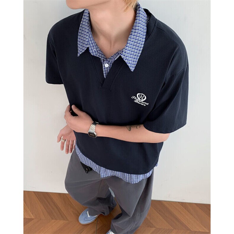 夏季学院风假两件短袖男女格子拼接polo衫t恤翻领休闲上衣TB65,男装Polo衫,星座1116A（原606A-3）