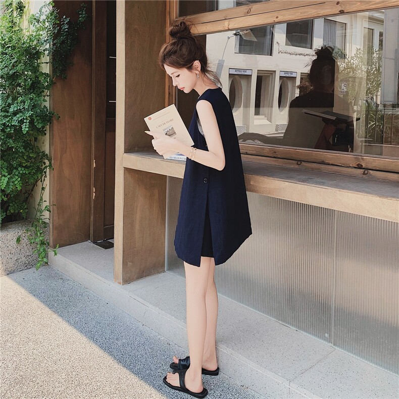 藏青色高级感无袖背心套装女2025夏季法式气质减龄高腰短裤两件套,女装套装/套裙,浙宝217