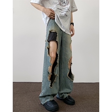 8XL-M特大码破洞牛仔裤摇滚皮冻宽松阔腿无性别休闲裤K976P58，男装牛仔裤，电商D206-1