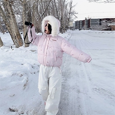 冬季女2025新款韩版设计感条纹蝴蝶结保暖连帽棉服外套，男装棉衣，星座1210-1