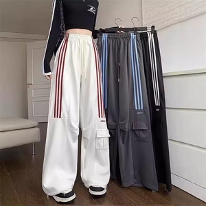 美式复古高街条纹运动裤女春秋新款高腰显瘦宽松直筒阔腿休闲长裤图片